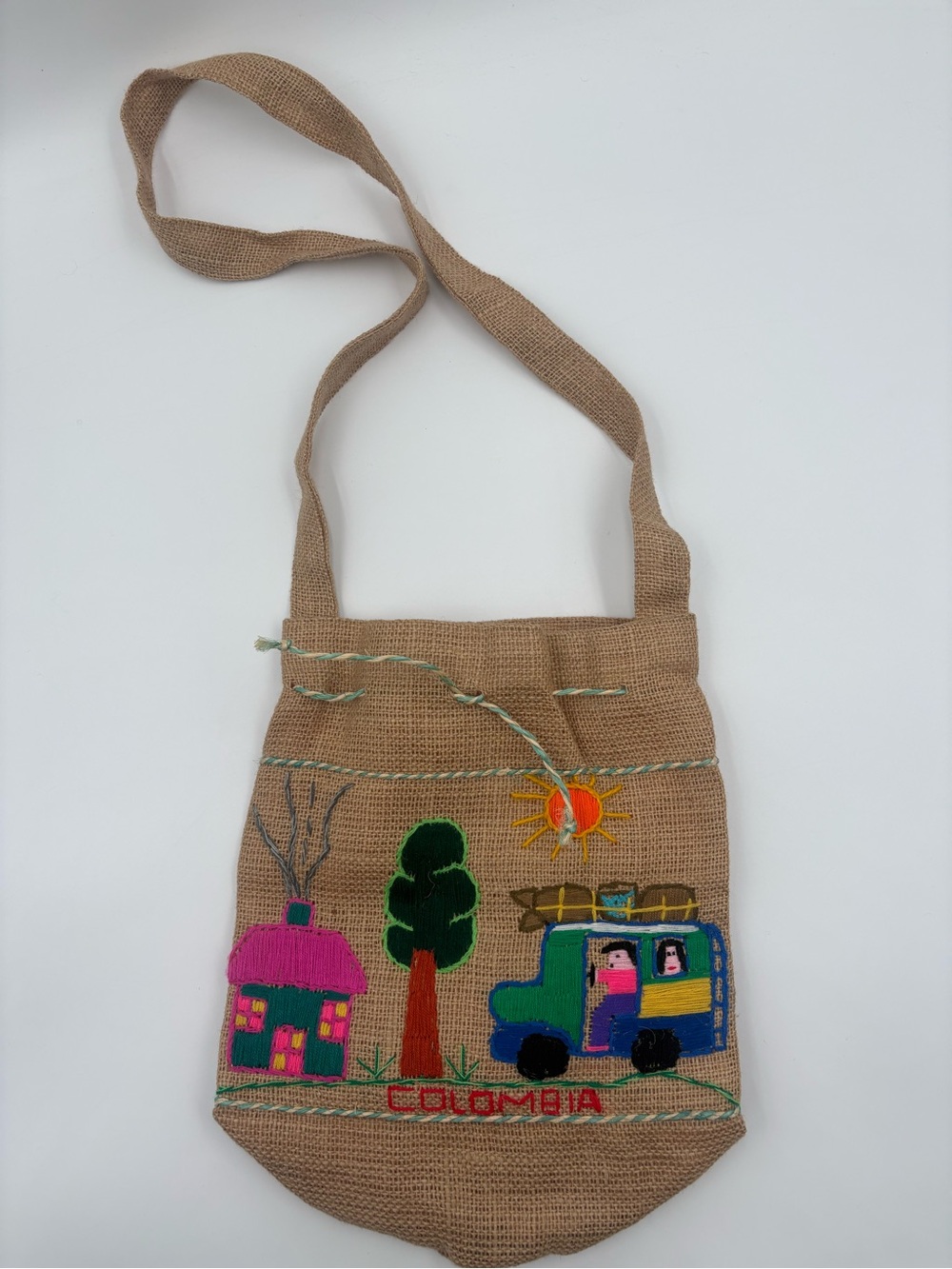 Vintage Colombia Burlap Jute Shoulder Bag Embroidered Folk Art Boho Drawstring